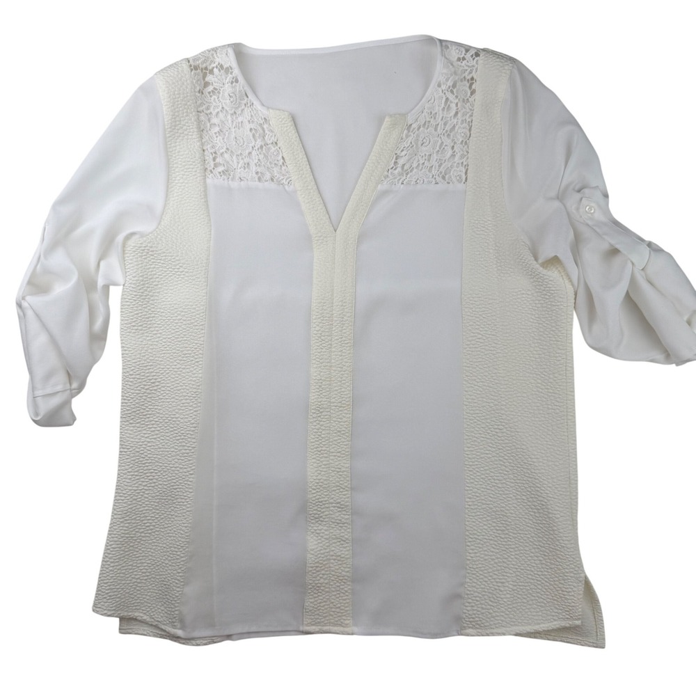 White Lace Blouse V-Neck Roll Tab Sleeve Mixed Media Office Business Casual Lrg